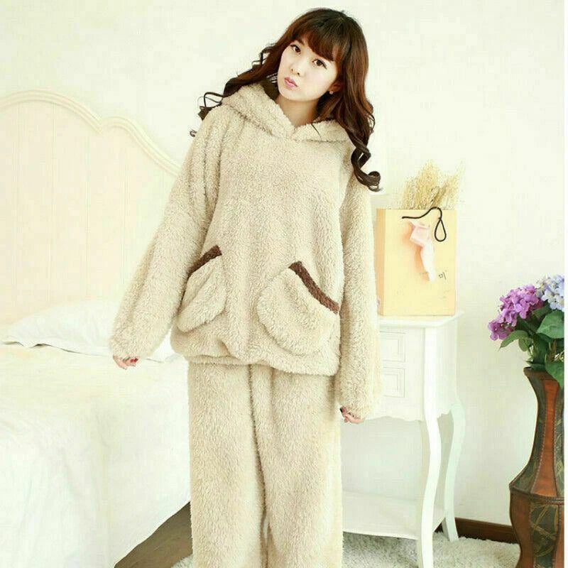 Damen Flanell Pyjama Mädchen Süß Kawaii Warm Koralle Fleece Nachtwäsche Set Dick