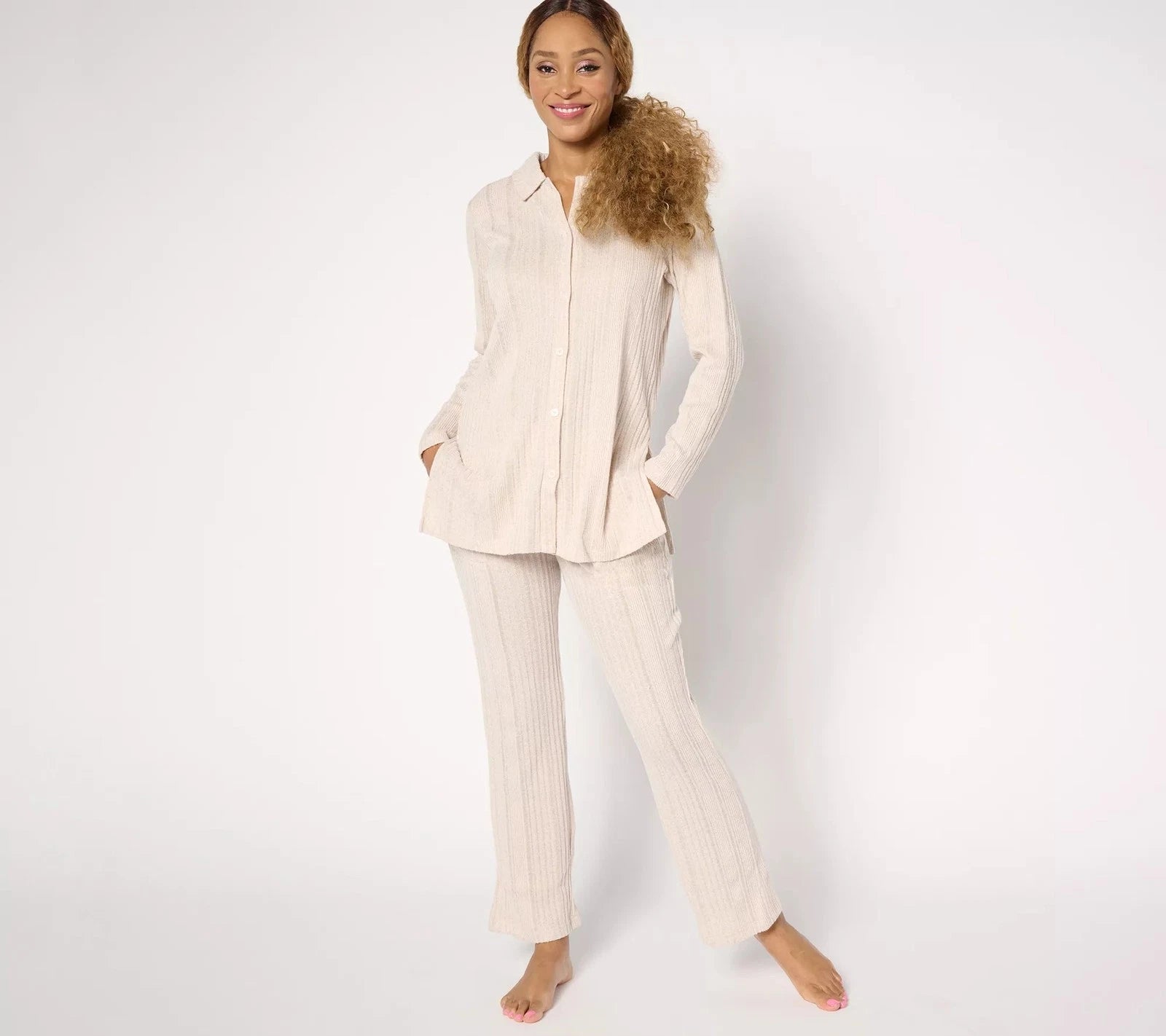 Cuddl Duds Tall Comfort Rib 2-Piece Lounge Set Oatmeal L New