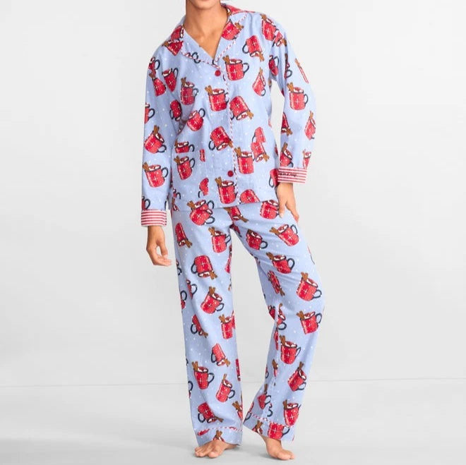 NWT PJ Salvage Blue/Red HOT COCOA Flannel Pajama/Lounge Set L HUG IN A MUG