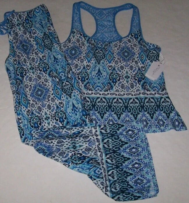 NWT In Bloom by Jonquil NAVY/AQUA/BLUE/WHITE IKAT Knit Pajama Set XS LACY Trim