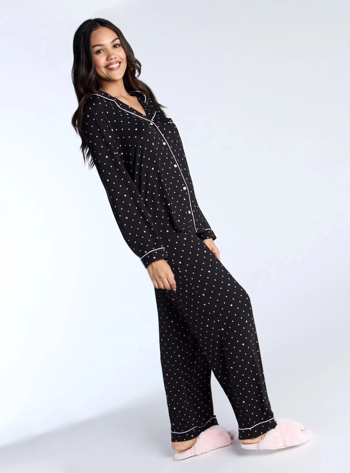 Boux Avenue Pyjama Set Women's Soft Heart Spot Print Top and Trouser Nightwear