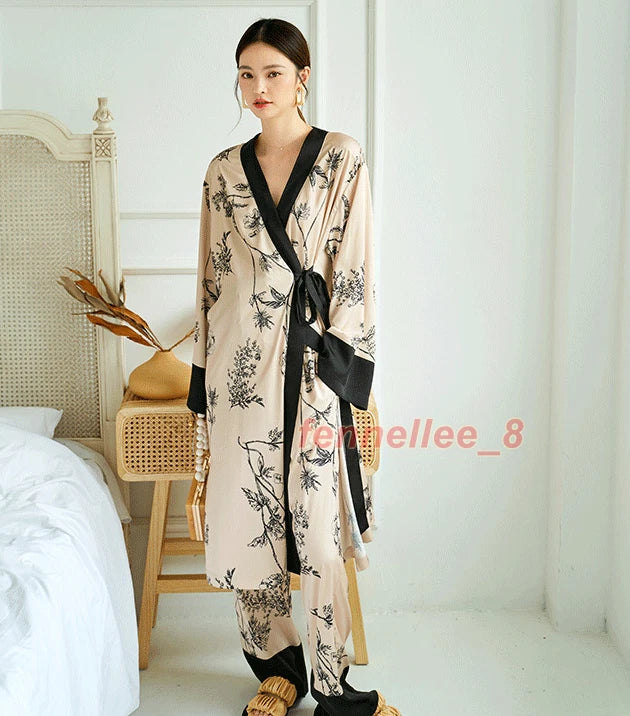 Women 2PC Ice Silk Printed Kimono Coat Pant Chinese Nightgown Pajamas Loungewear