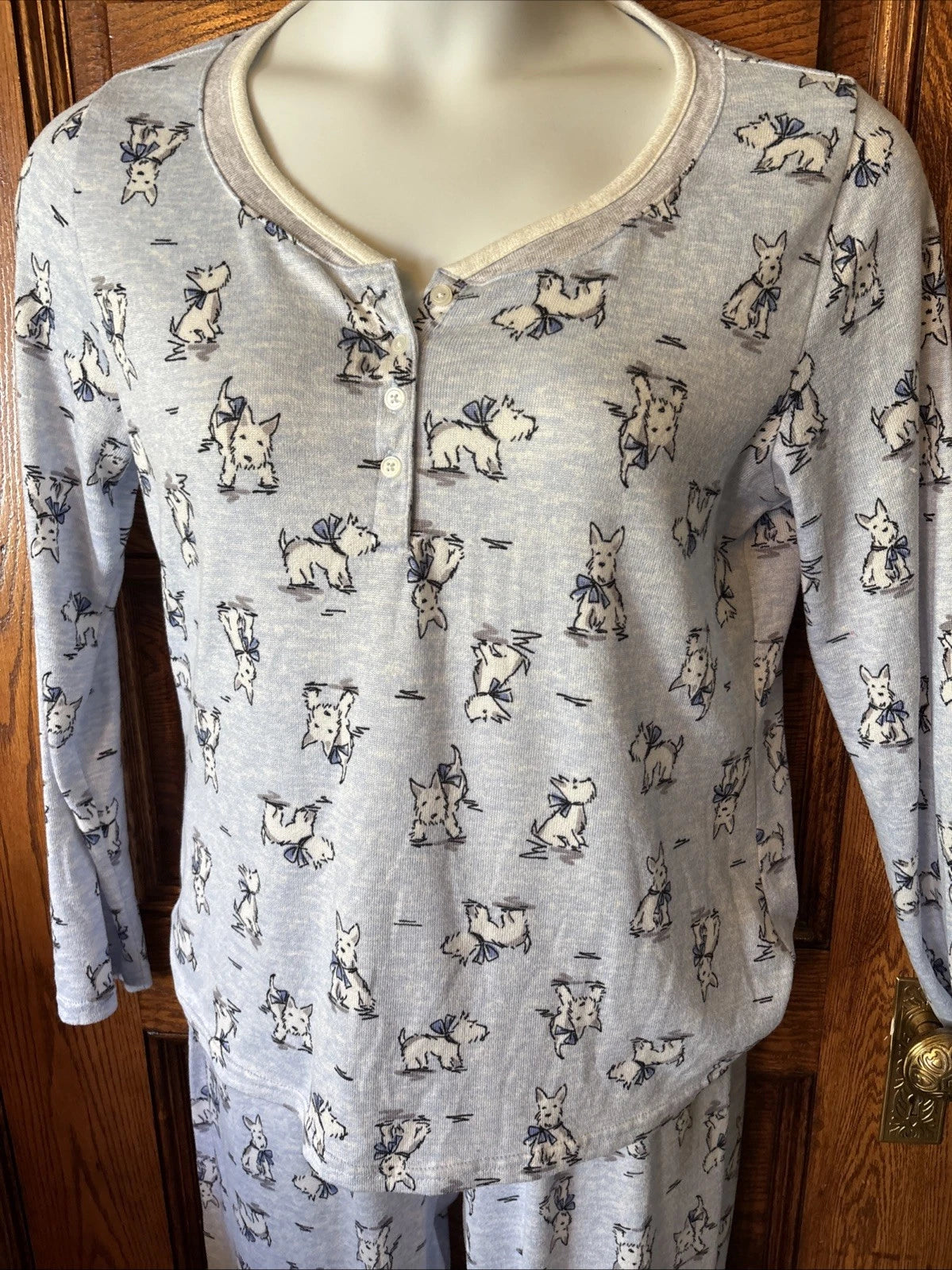 LAURA ASHLEY Women's Blue Pajama PJ Pants Top Set Scottie Westie Dog Print, Sz L