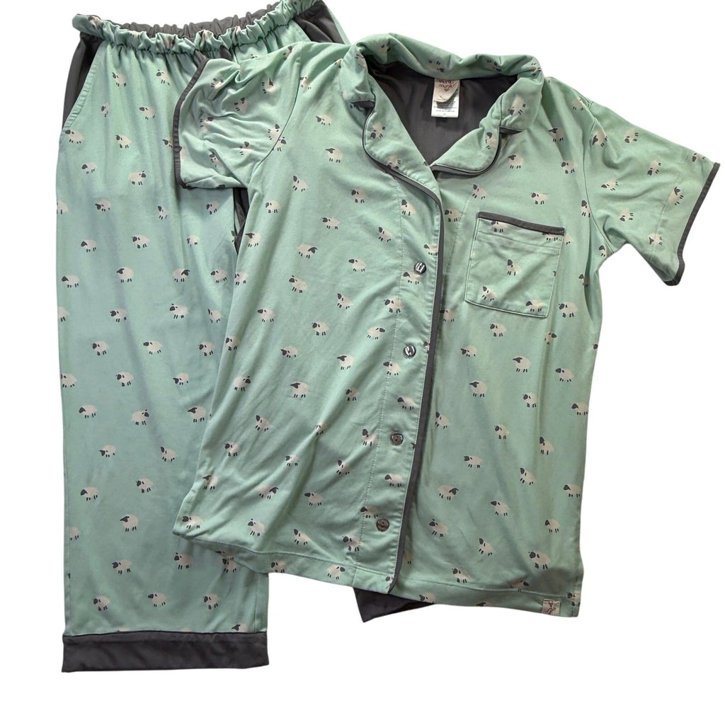 MUNKI MUNKI Women’s Pajama Set Mint Green Sheep Print Short Sleeve Top Pants XS