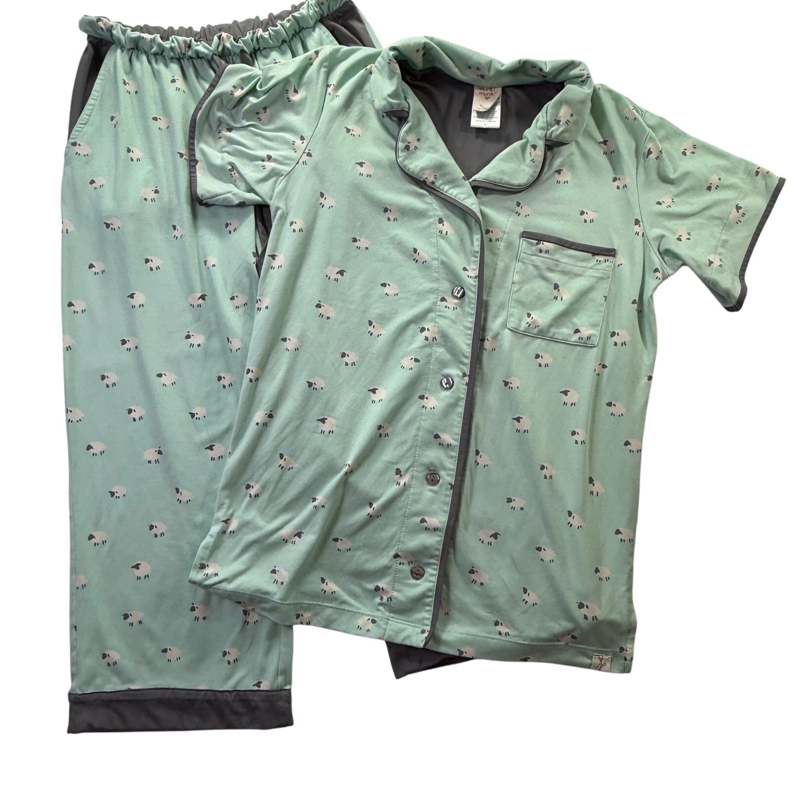 MUNKI MUNKI Women’s Pajama Set Mint Green Sheep Print Short Sleeve Top Pants XS