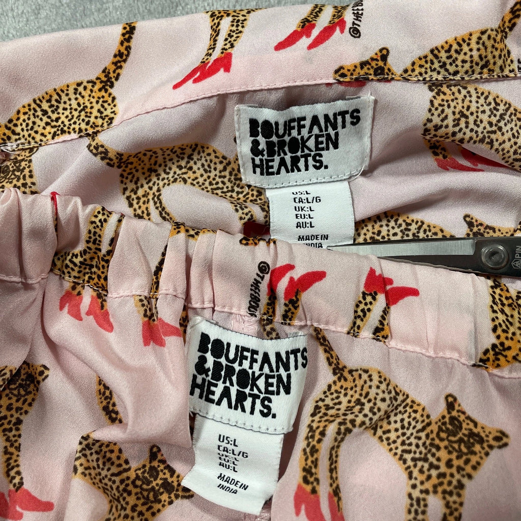 Bouffants Broken Hearts Pajama Set Women Large Pink Cheetah Novelty Sleep Lounge