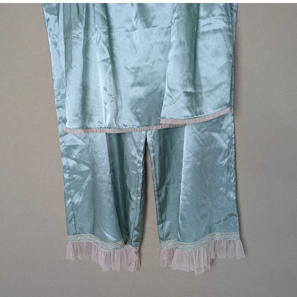 Kenzie Satin Pajama Set 2 Piece Cami & Cropped Pants Mint Green Lace Trim Size L