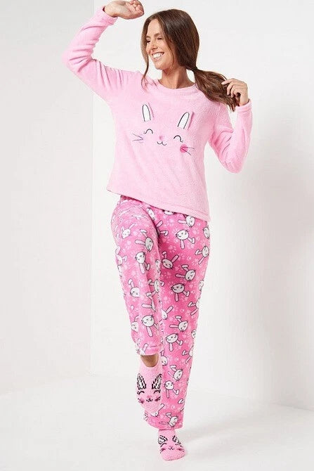 Ladies Womens SUPERSOFT FLEECE Pyjamas and Matching Socks Cosy PJ SET UK 8-26