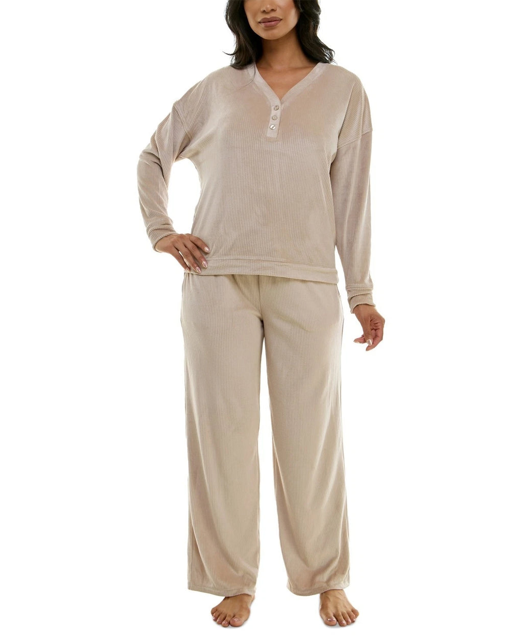 Roudelain Women's Long-Sleeve Ribbed Velour Pajama Set, Beige, Size L 0106