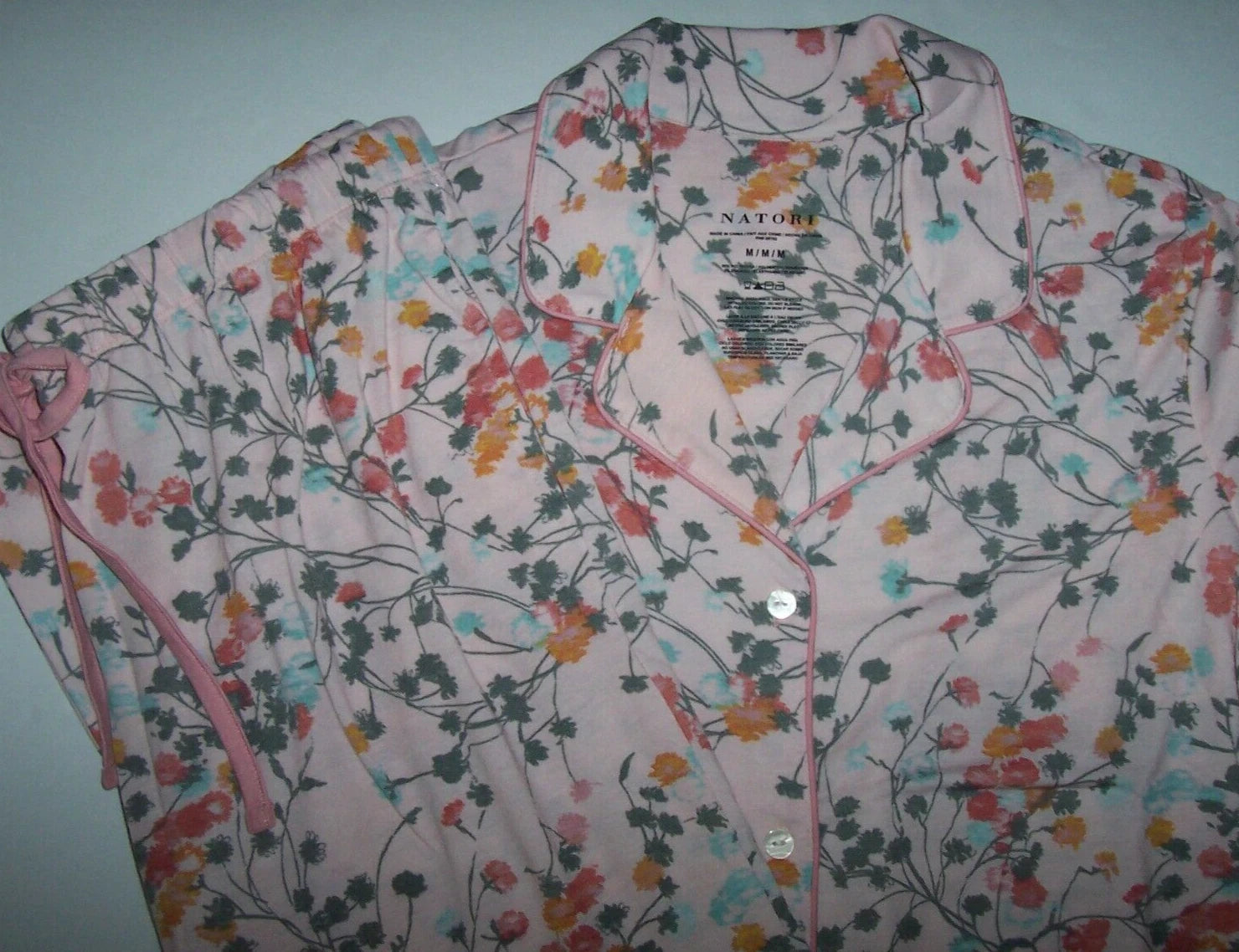 NWT Natori PINK ROSE FLORAL Soft Knit Cropped Pajama/Lounge Set L Gray POCKETS
