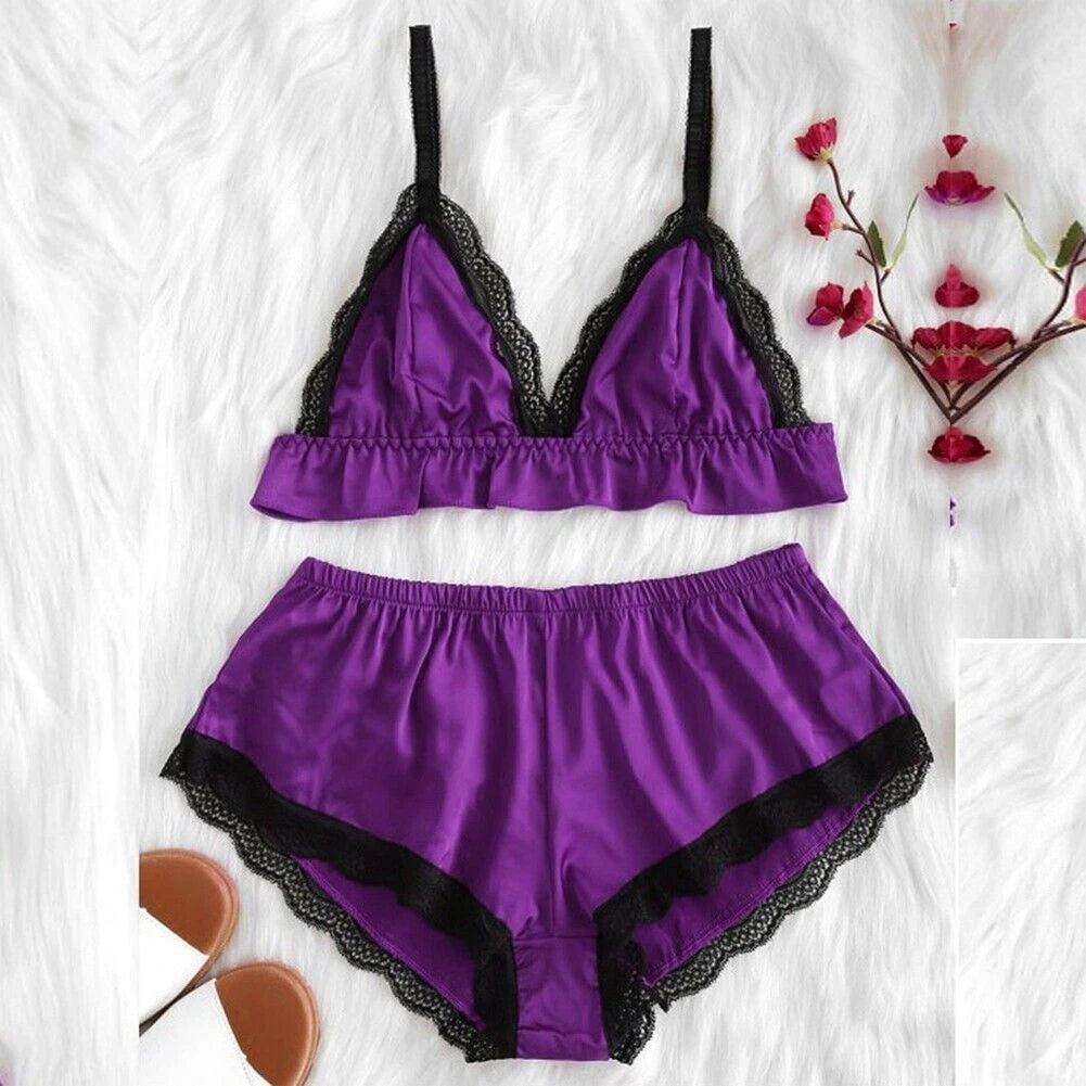 Women Satin Silk Sleepwear Set Top Shorts Nightwear Sexy Lingerie Pajamas-Set