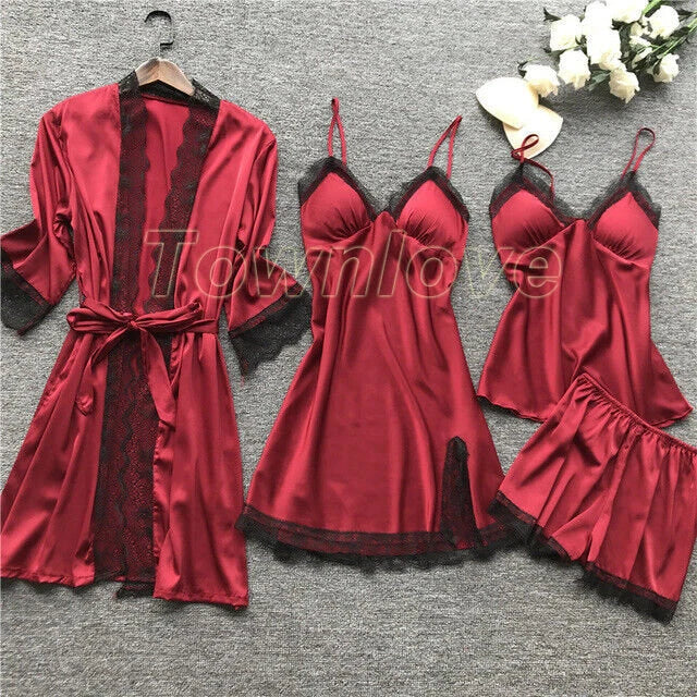 New Women Sexy Silk Satin Pajama Set Lace Sleepwear Home Wear Nightwear Set