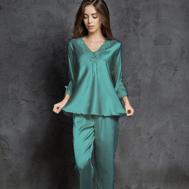Women's Faux Silk Sexy Lace Silk Pajamas Silk Pajamas Set Home Sleepwear 2pcs