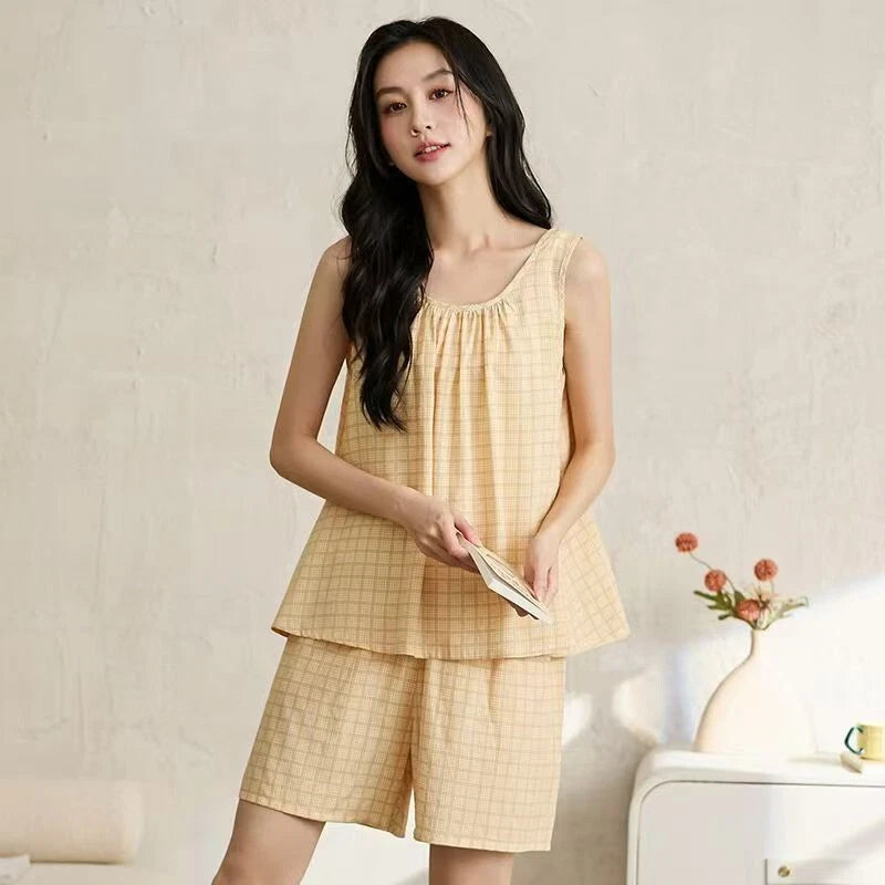 Women's Sleepwear New Cotton Loose Vest Shorts Thin Home Set 2pcs