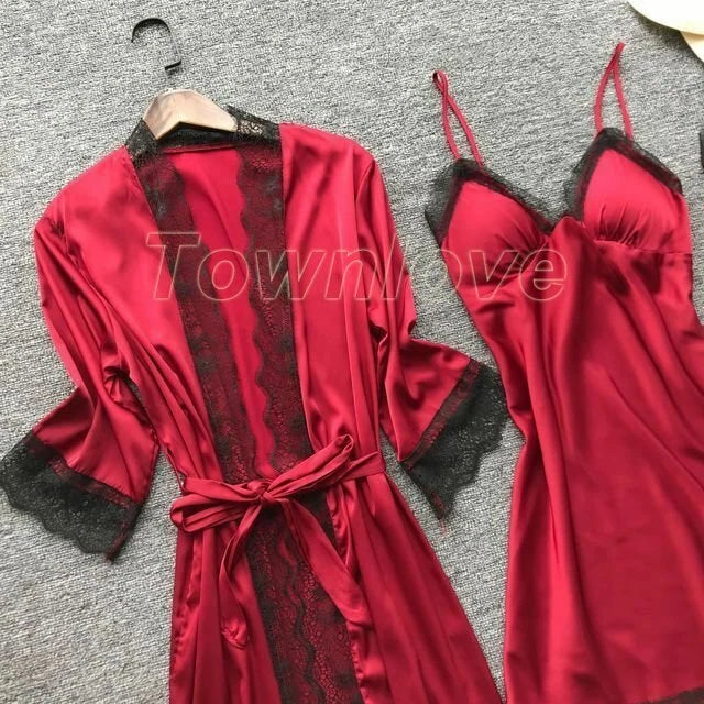 New Women Sexy Silk Satin Pajama Set Lace Sleepwear Home Wear Nightwear Set