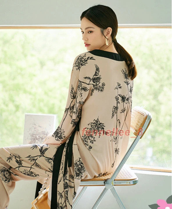 Women 2PC Ice Silk Printed Kimono Coat Pant Chinese Nightgown Pajamas Loungewear