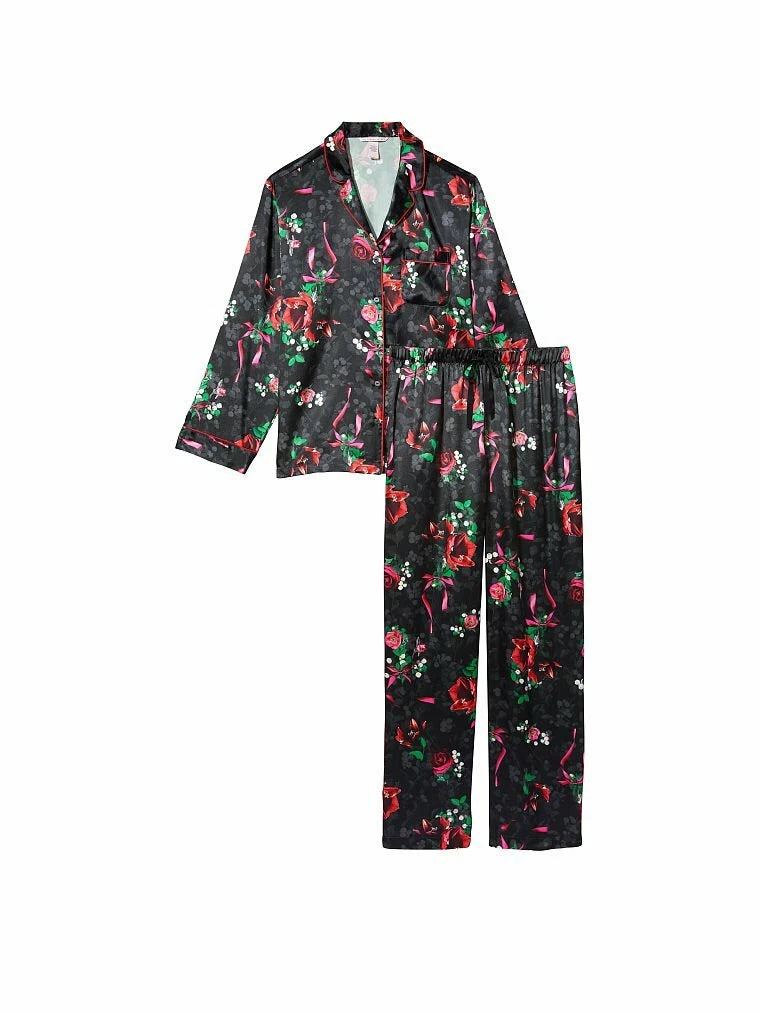 3pc VICTORIA'S SECRET Satin Long Pajama Set&Blanket Floral Rose Black S, M NWT