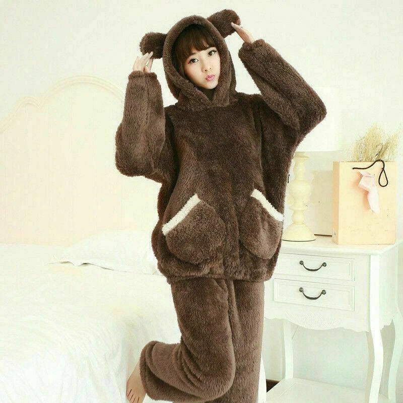 Damen Flanell Pyjama Mädchen Süß Kawaii Warm Koralle Fleece Nachtwäsche Set Dick