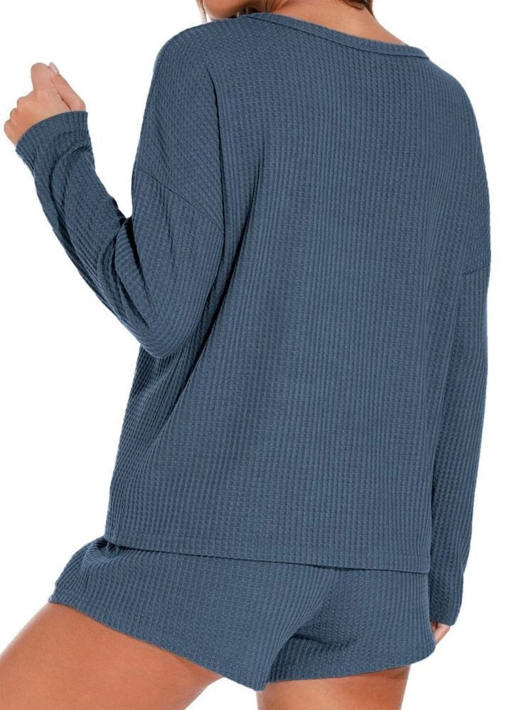 Womens Waffle Knit Pajama Sets Long Sleeve Top and Shorts Loungewear Sweatsuit