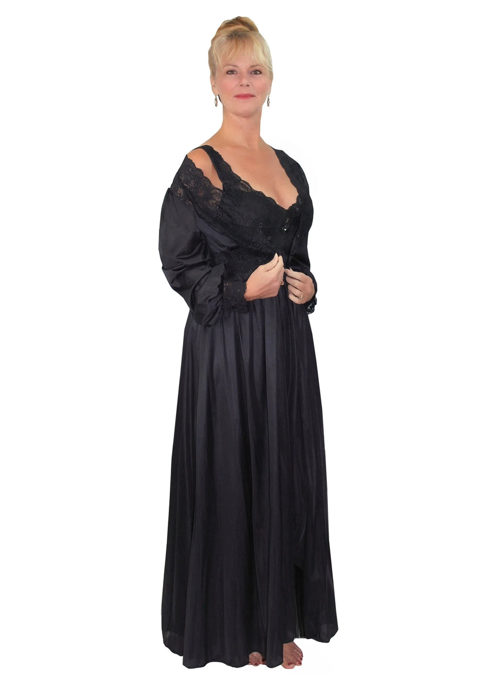 Shadowline Womens Nightgown Robe Set Black Peignoir Nylon Elegant Sleepwear 2 Pc