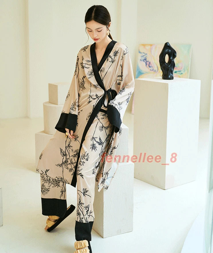 Women 2PC Ice Silk Printed Kimono Coat Pant Chinese Nightgown Pajamas Loungewear
