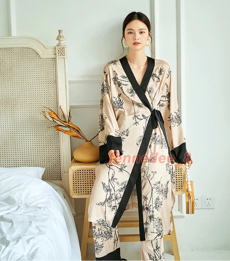 Women 2PC Ice Silk Printed Kimono Coat Pant Chinese Nightgown Pajamas Loungewear