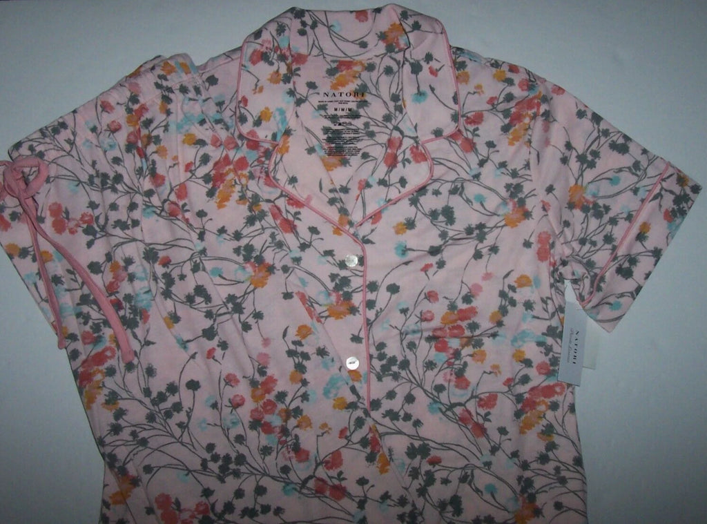 NWT Natori PINK ROSE FLORAL Soft Knit Cropped Pajama/Lounge Set L Gray POCKETS