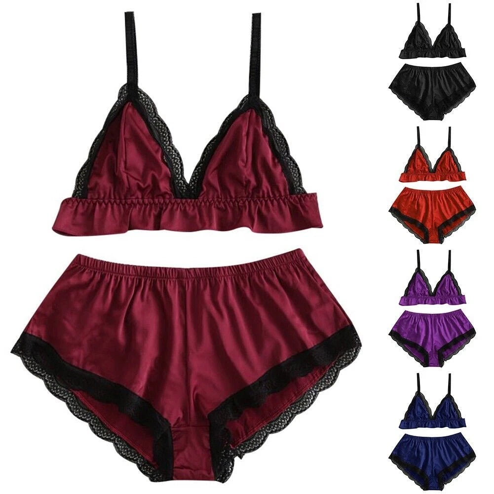 Women Satin Silk Sleepwear Set Top Shorts Nightwear Sexy Lingerie Pajamas-Set