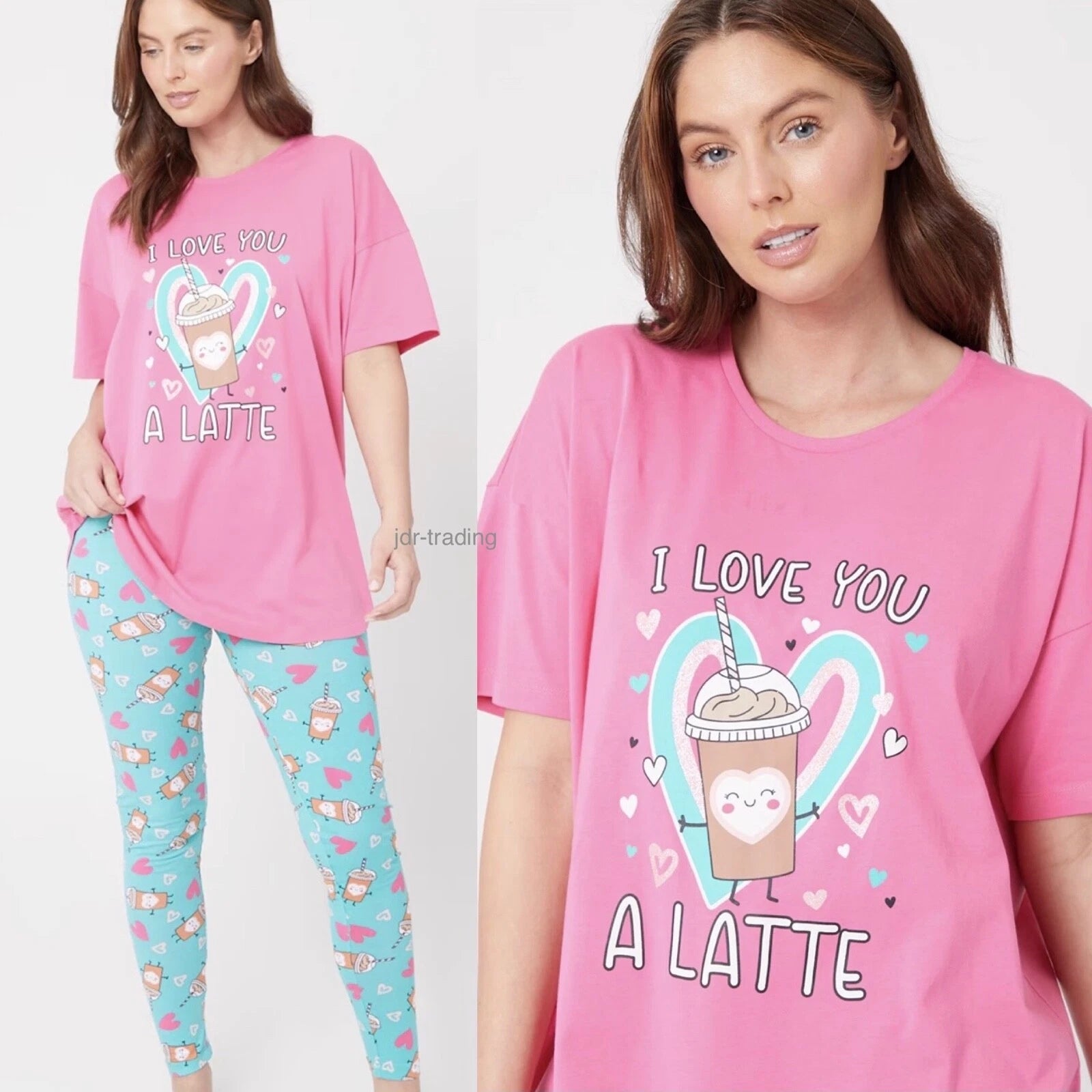 Ladies I LOVE YOU A LATTE PYJAMAS Set T Shirt & Long Pants Top PJS UK 12-14