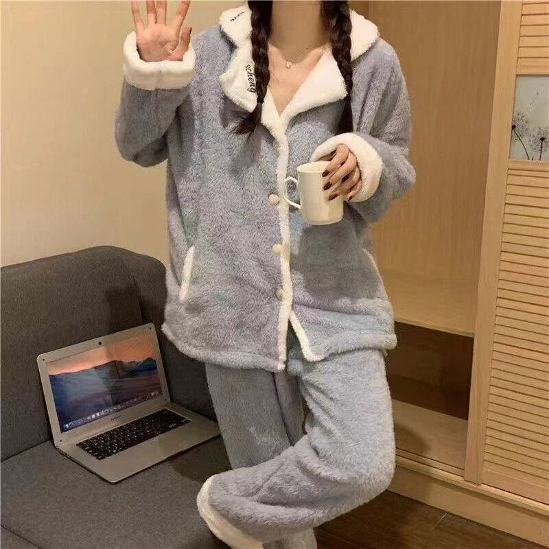 Women's Warm Cartoon Pajama Suit Two Piece Set Shawl Collar Coat Loose Fit Pants