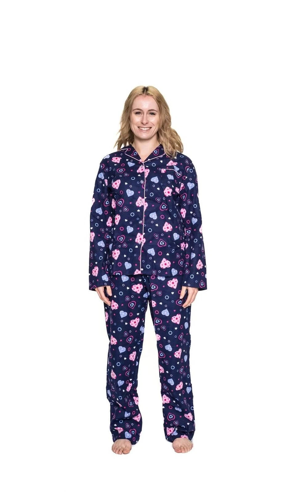 Womens Navy Hearts Long Sleeve Winter Cotton Flannel Long Pyjama Set