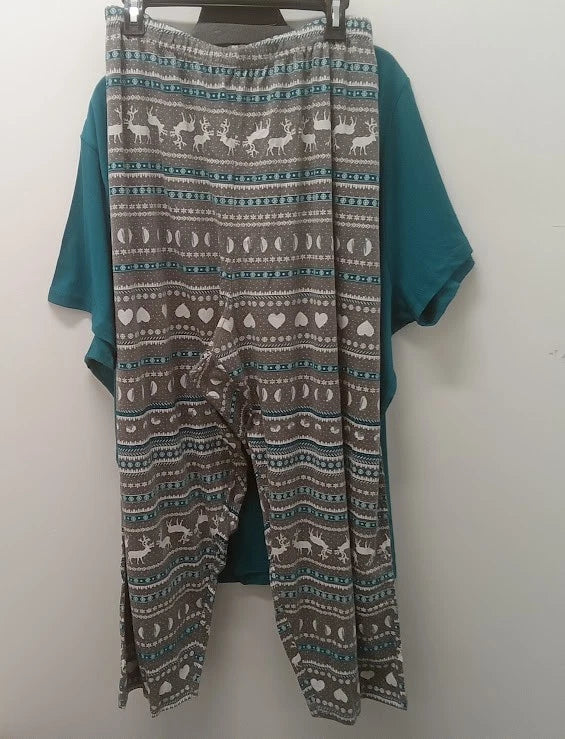 NWOT Teal/Multi Dreams & Co Sh Slv Cotton 2 Pc Pajama Set Size 4X (34/36)