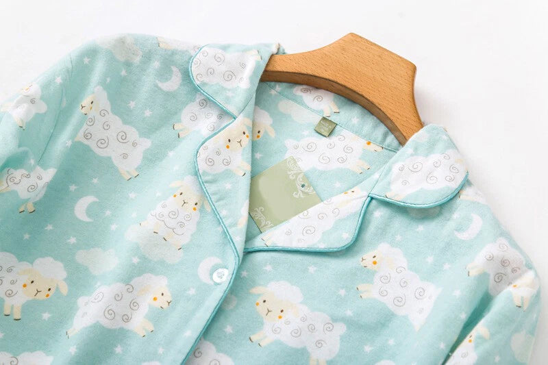 Womens 100% Cotton Pajamas Set Flannel Printed Button Nightwear Loungewear 12-24