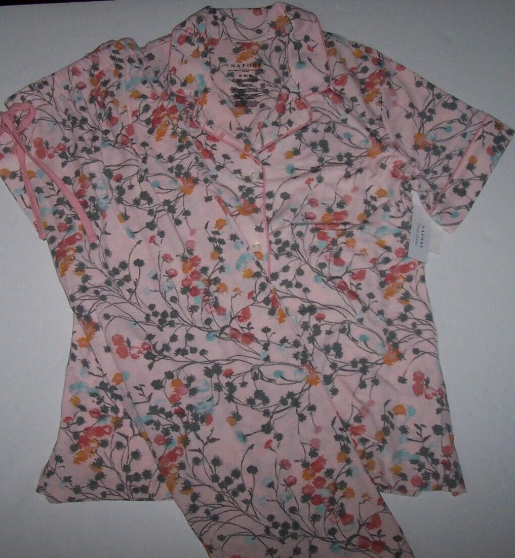 NWT Natori PINK ROSE FLORAL Soft Knit Cropped Pajama/Lounge Set L Gray POCKETS