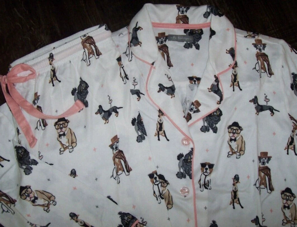 NWT PJ Salvage Ivory/Pink CURIOUS DOGS in HATS/GLASSES Peachy Knit Pajama Set S