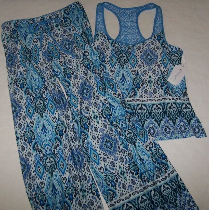 NWT In Bloom by Jonquil NAVY/AQUA/BLUE/WHITE IKAT Knit Pajama Set XS LACY Trim