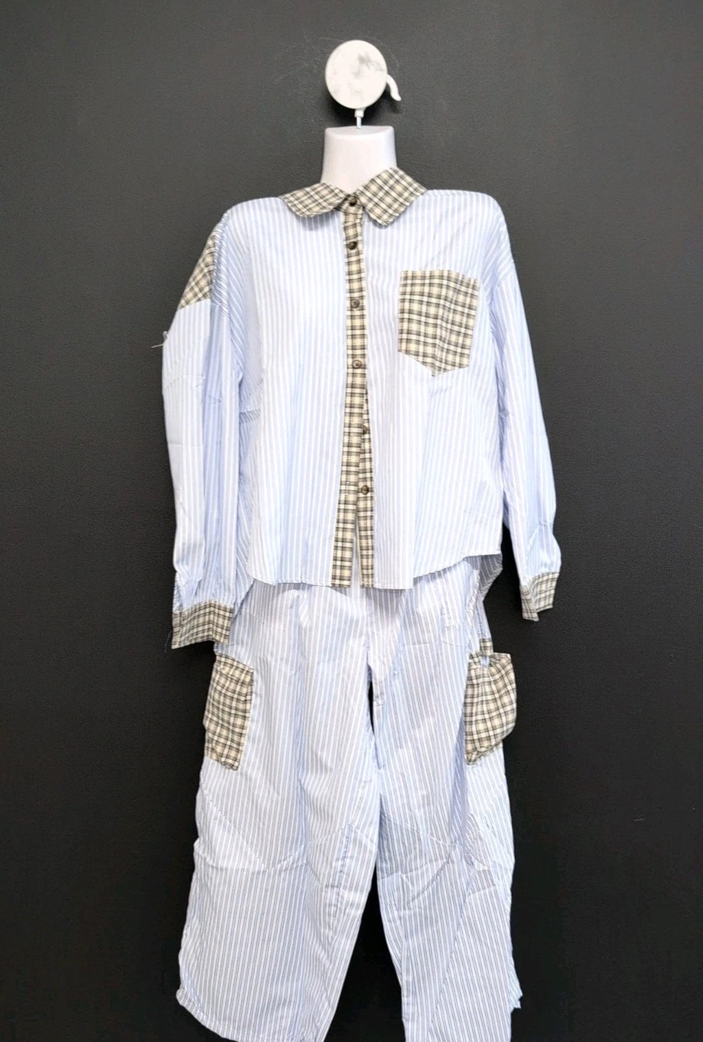 Long Sleeve Lapel Collar Cotton Comfortable Sleepwear Pajamas Set Size L Blue