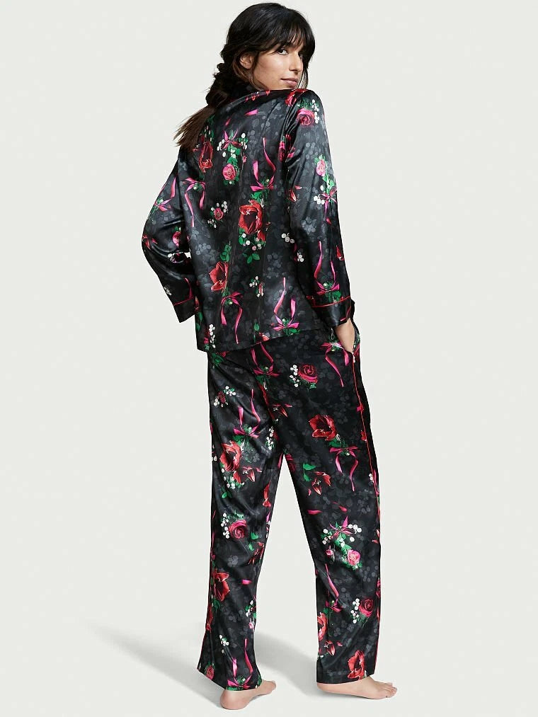 3pc VICTORIA'S SECRET Satin Long Pajama Set&Blanket Floral Rose Black S, M NWT