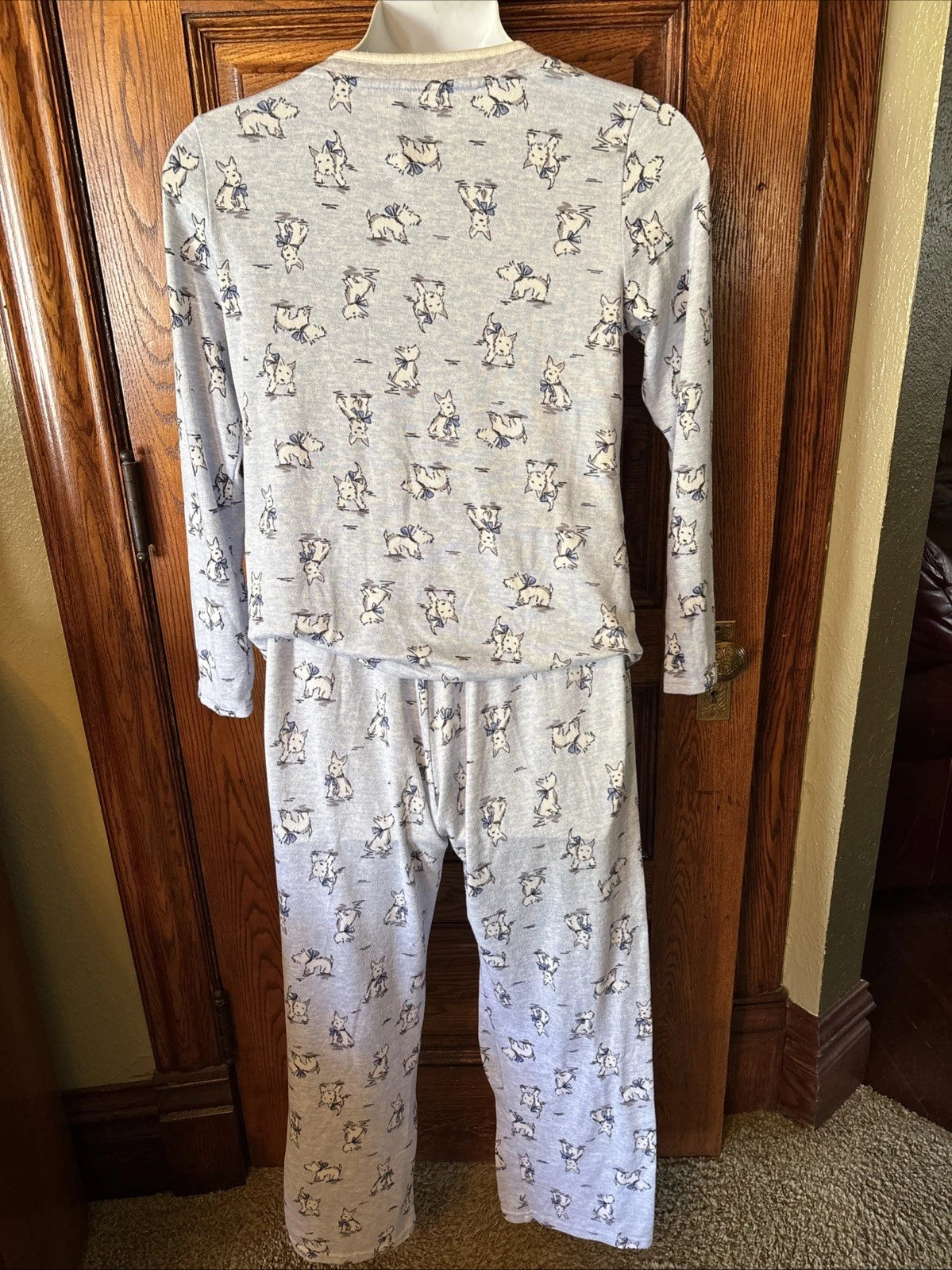 LAURA ASHLEY Women's Blue Pajama PJ Pants Top Set Scottie Westie Dog Print, Sz L