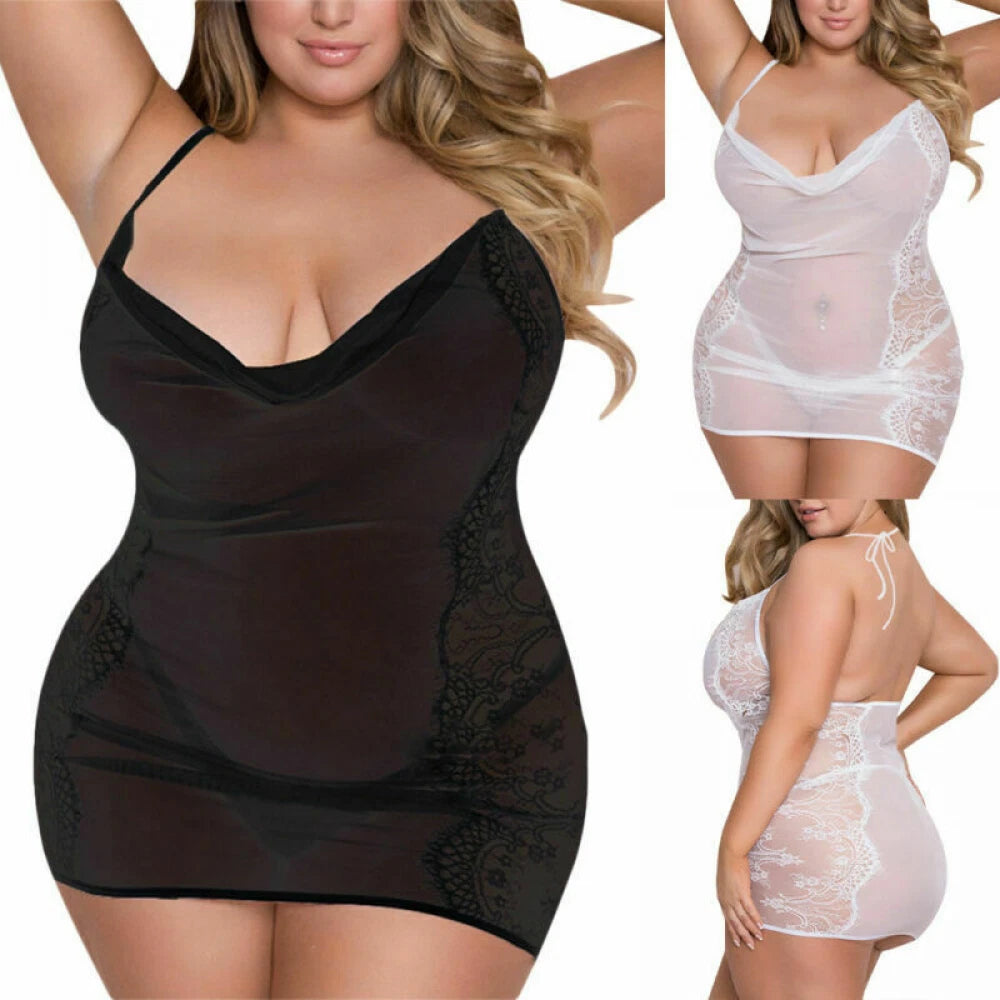 Plus Size Women Sexy See Through Lingerie Glamour Nightdress Underwear Sleepwear