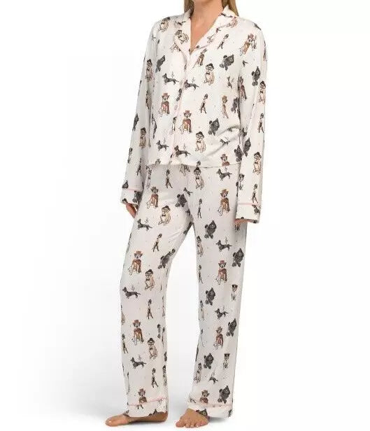 NWT PJ Salvage Ivory/Pink CURIOUS DOGS in HATS/GLASSES Peachy Knit Pajama Set S