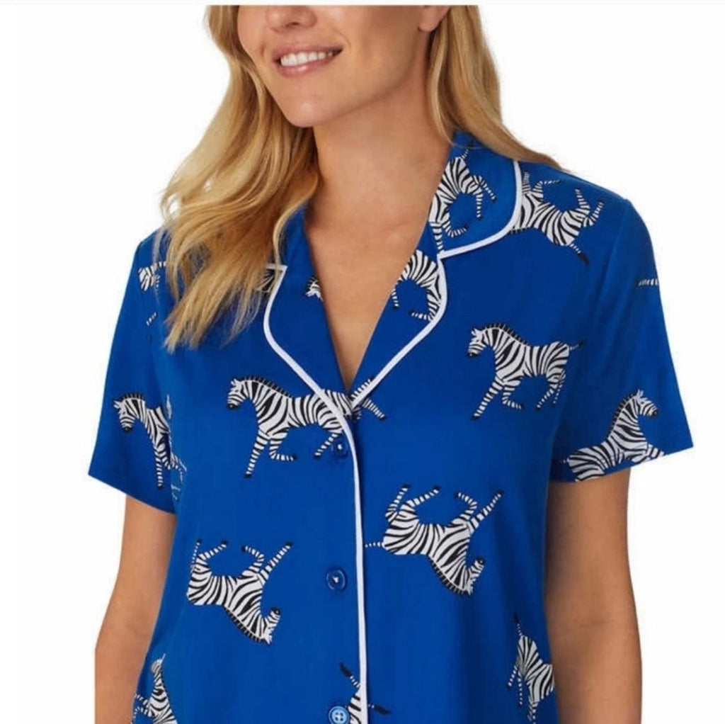 Room Service Womens Notch Collar 2pc Zebra Print Capri PJ Pajama Set Blue Size L