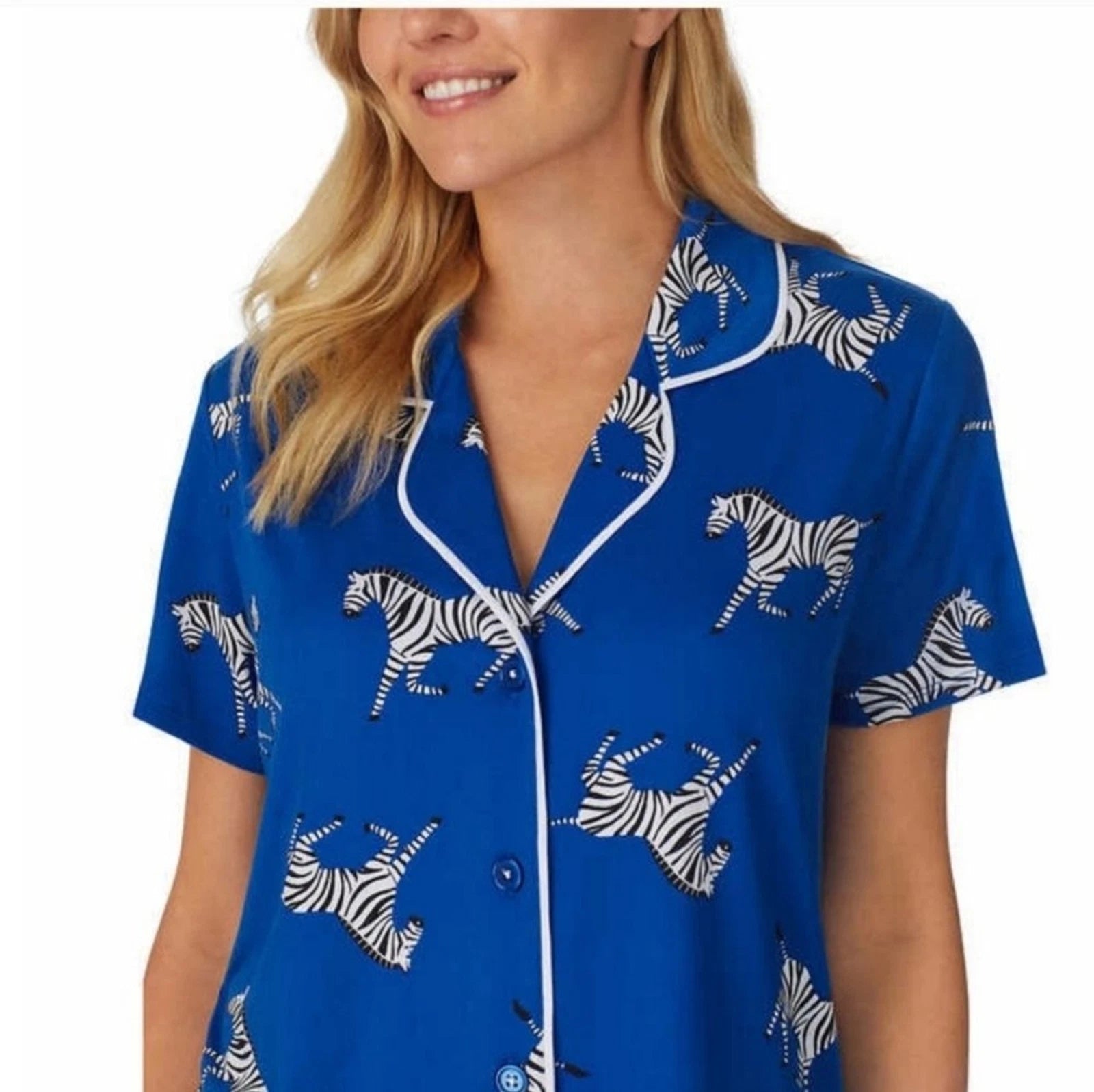 Room Service Womens Notch Collar 2pc Zebra Print Capri PJ Pajama Set Blue Size L