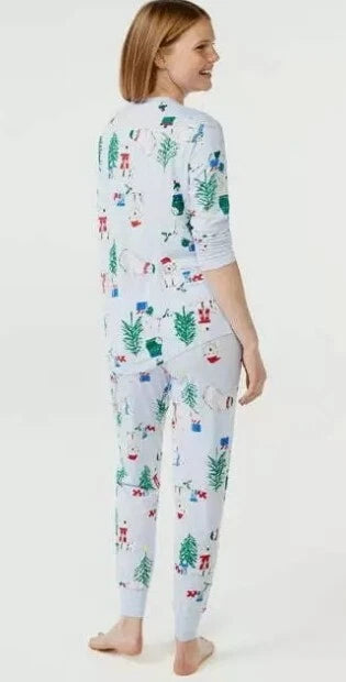 Joyspun Women's Long Sleeve Sleep Top Jogger Pajama Set Medium 8-10 Christmas