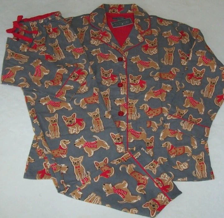 NWT PJ Salvage Gray/Red GINGERBREAD DOG COOKIES Cotton Flannel Pajama Set M