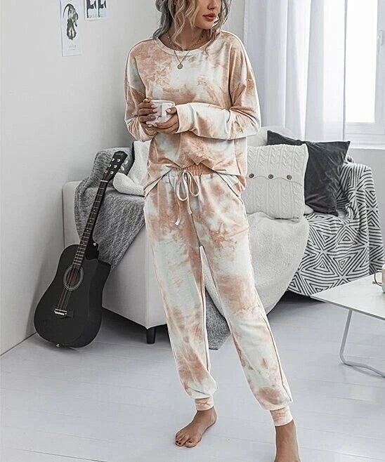 XL NWOT Women's Romantic Hut Salmon Tie Dye Jogger & LS Crew Neck Top Lounge SET