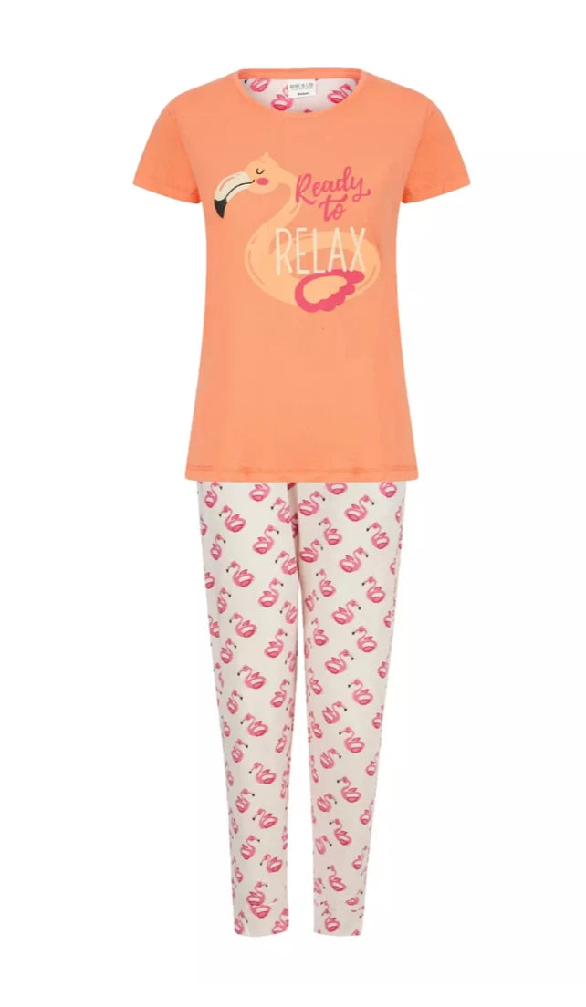 Ladies Pyjama Cotton Blend Printed Crew Neck 2 Piece Set 3 Prints