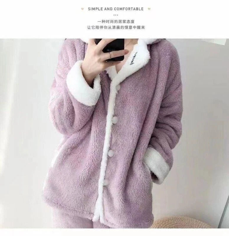 Women's Warm Cartoon Pajama Suit Two Piece Set Shawl Collar Coat Loose Fit Pants