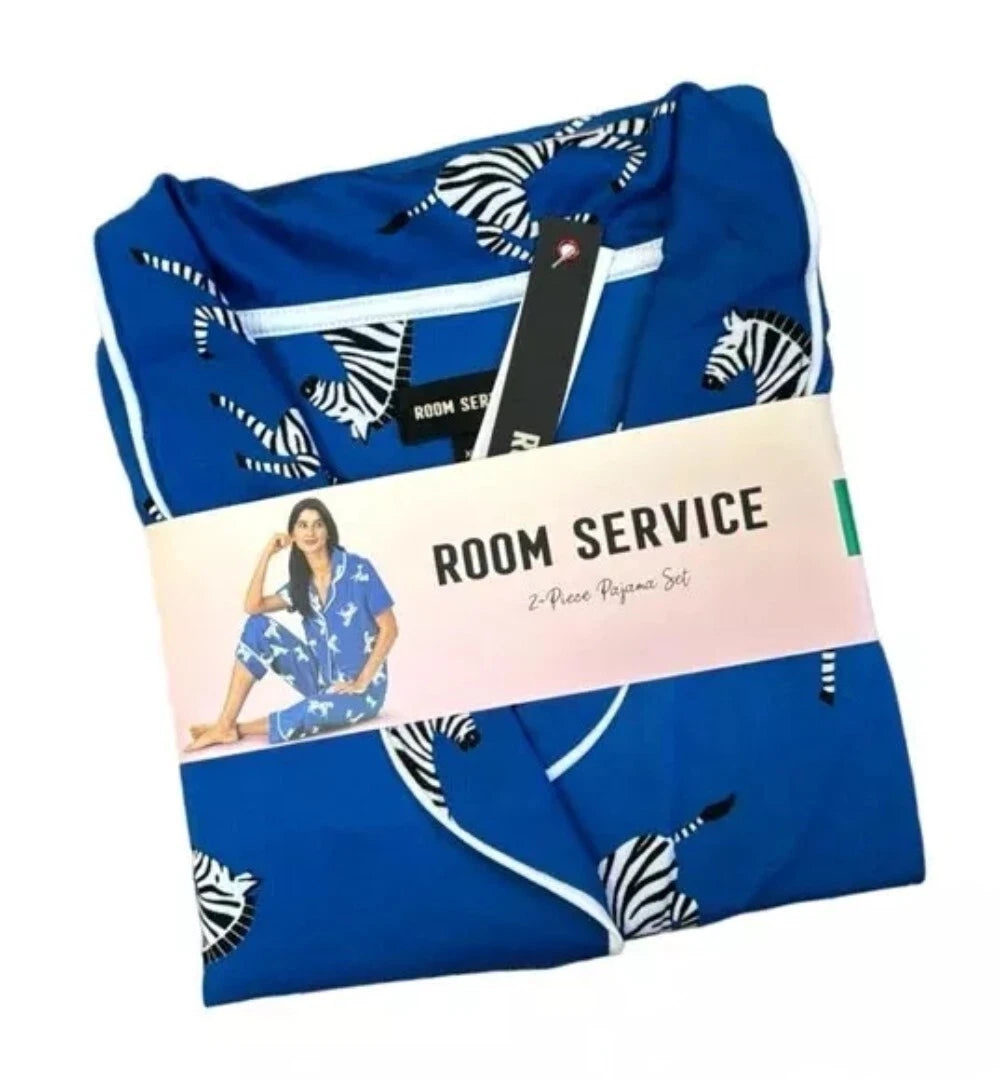 Room Service Womens Notch Collar 2pc Zebra Print Capri PJ Pajama Set Blue Size L