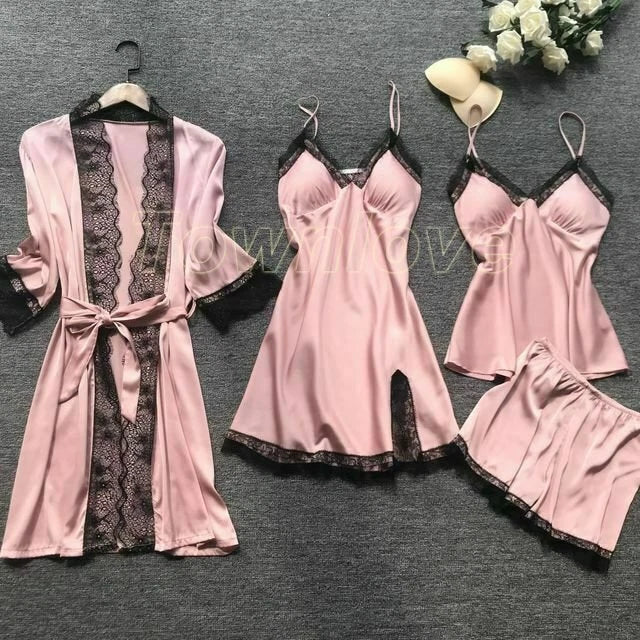 New Women Sexy Silk Satin Pajama Set Lace Sleepwear Home Wear Nightwear Set